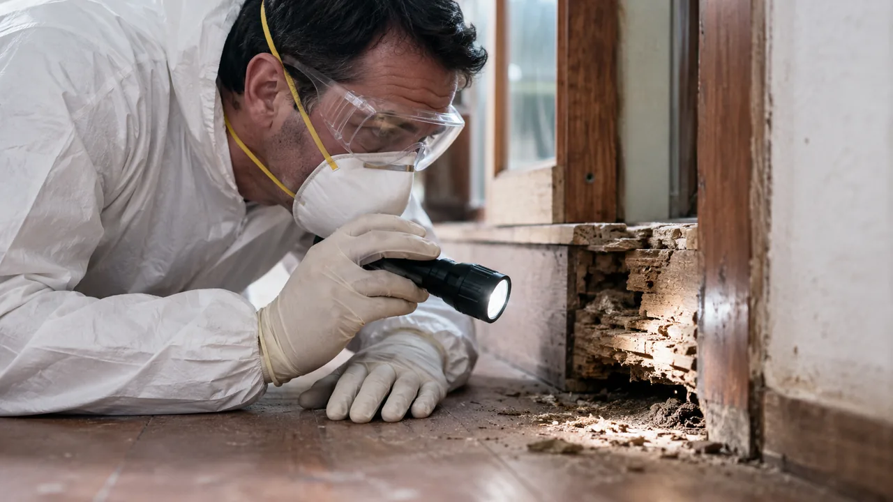 Technicien réalisant un diagnostic sur un bois endommagé