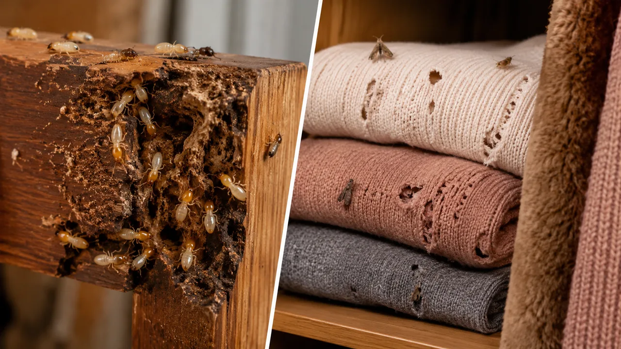 Dégâts de termites dans le bois et vêtements endommagés par des mites textiles