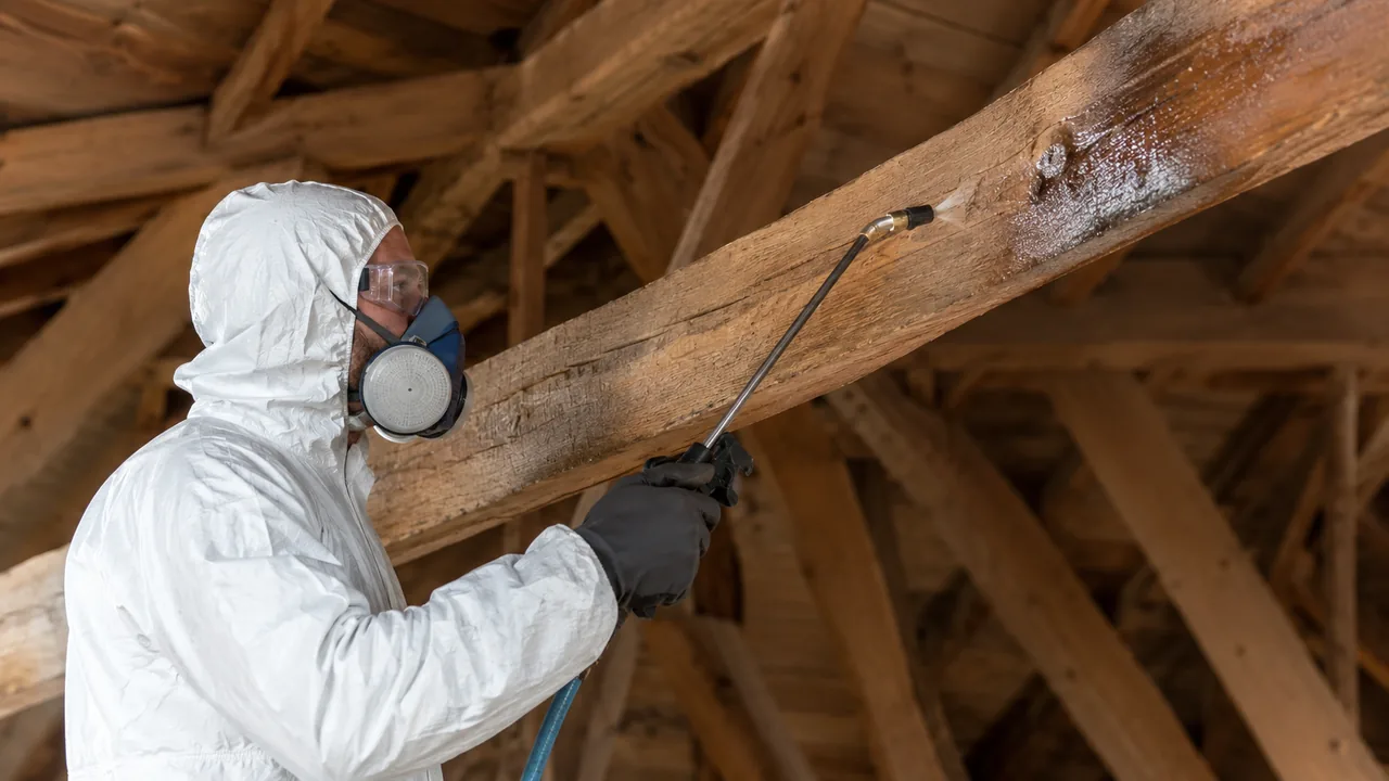 Technicien appliquant un traitement professionnel sur une charpente en bois