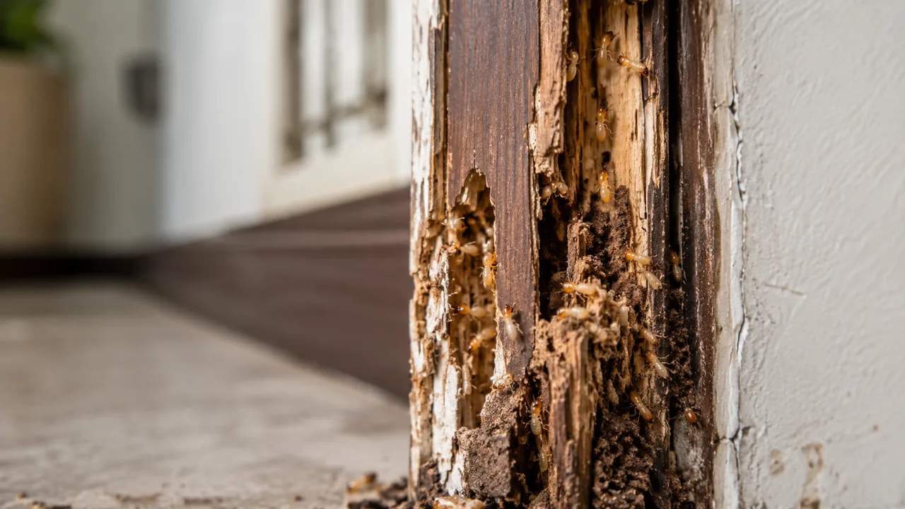 Dégâts causés par des termites dans une boiserie intérieure